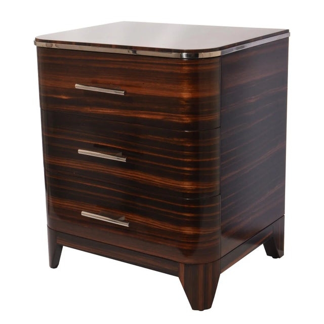Nightstand Art Deco High Gloss Bookmatched Veneer Metal Trim