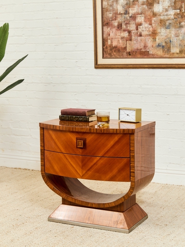 Nightstand Art Deco High Gloss Chevron Veneer U-Shaped Base