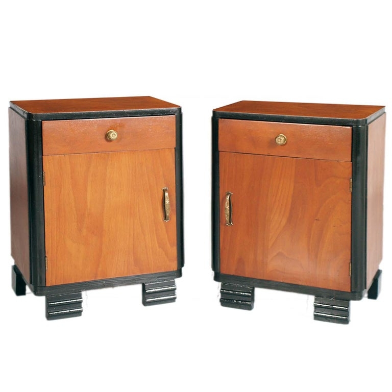 Nightstand Pair 1920s Art Deco Ebonized Walnut Stepped Feet