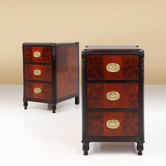 Nightstand Pair Antique Art Deco Burl Wood Ring Pulls