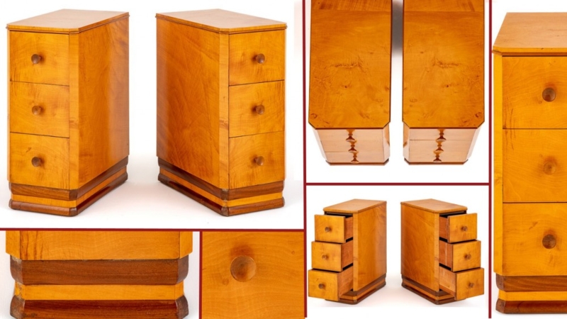 Nightstand Pair Art Deco Bird's Eye Maple Slim Profile Stepped Base