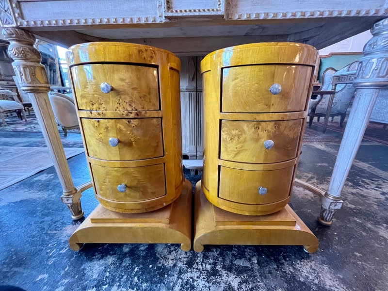 Nightstand Pair Art Deco Cylindrical Body Glossy Burl Veneer