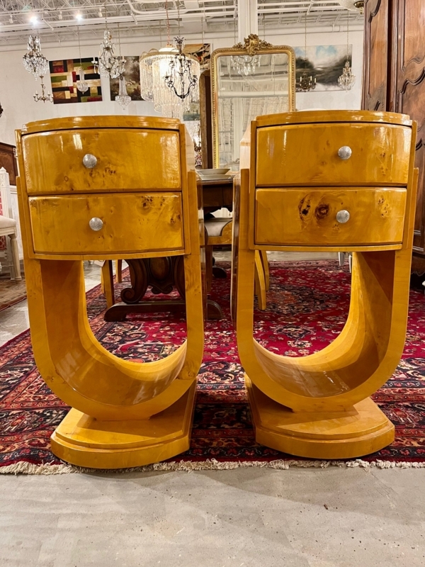 Nightstand Pair French Art Deco High Gloss Burl Veneer