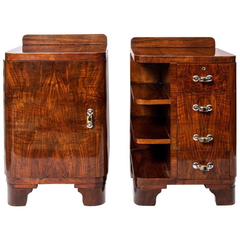 Nightstand Pair French Art Deco High Gloss Chrome Hardware