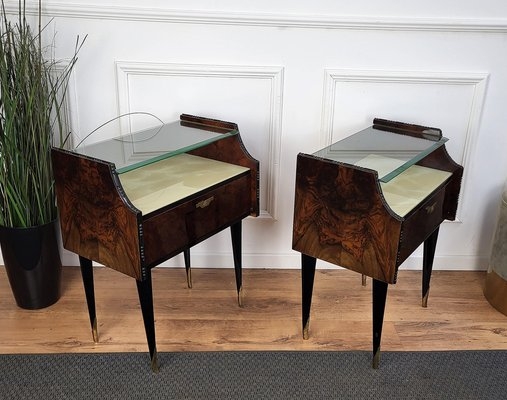 Nightstand Pair Mid-Century Italian Floating Glass Top Brass Sabots