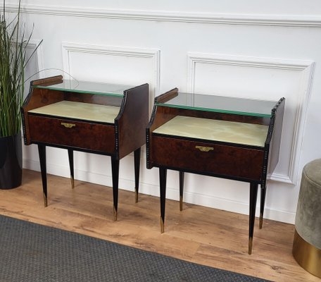 Nightstand Pair Mid-Century Modern Italian Burl Wood Glass Top