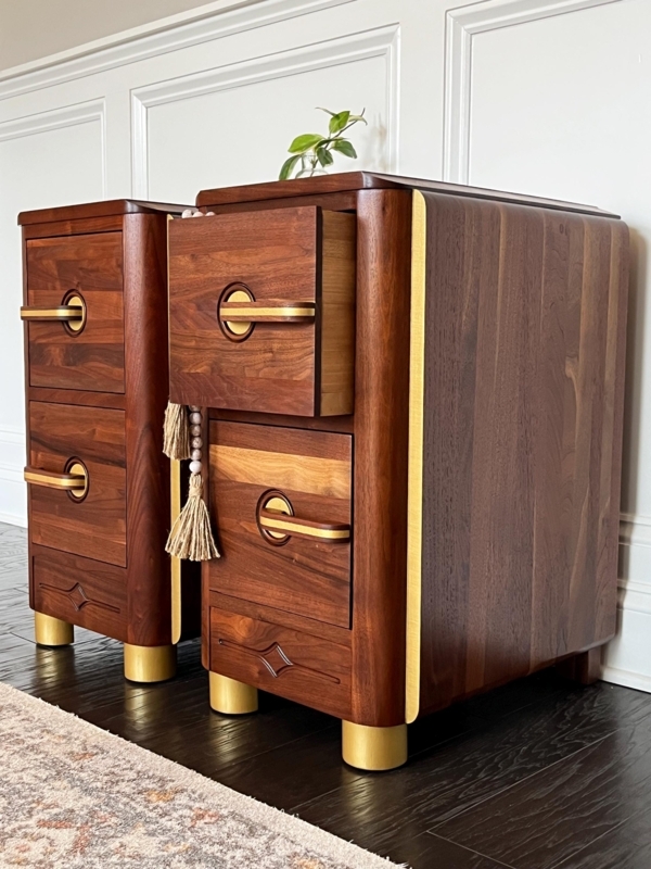 Nightstand Pair Streamline Moderne Walnut Gold Circular Pulls