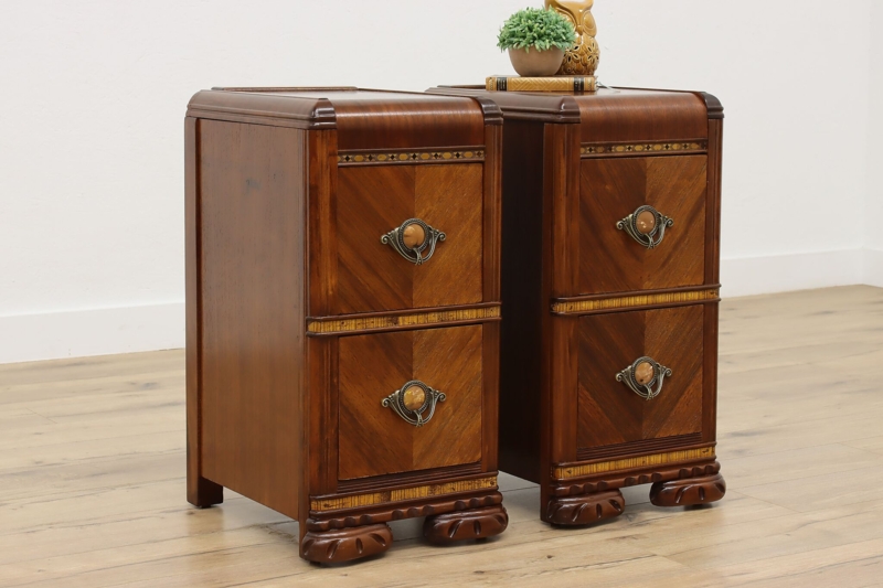 Nightstand Pair Vintage Art Deco Walnut Carved Feet Inlay Banding