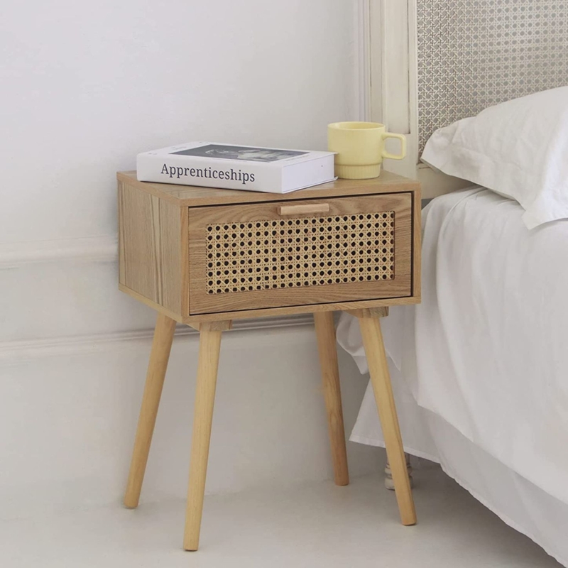 Nightstand Rattan Cane Webbing Scandinavian Wood Tapered Legs