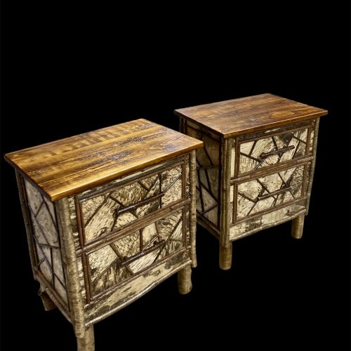 Nightstand Rustic Birch Bark Panels Twig Pattern Overlay Log Legs