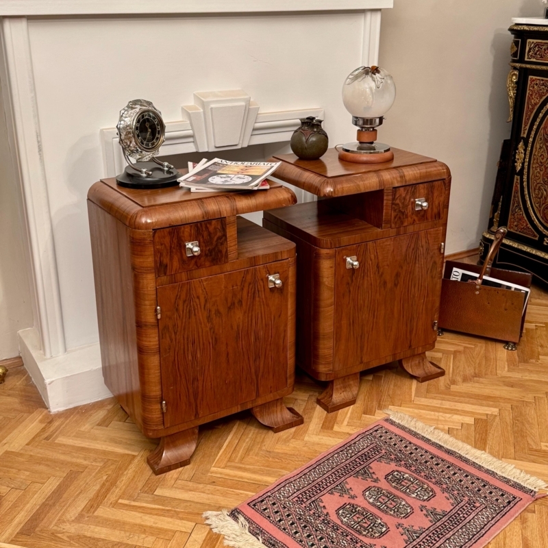 Nightstand Set Art Deco Walnut Waterfall Edge Open Storage