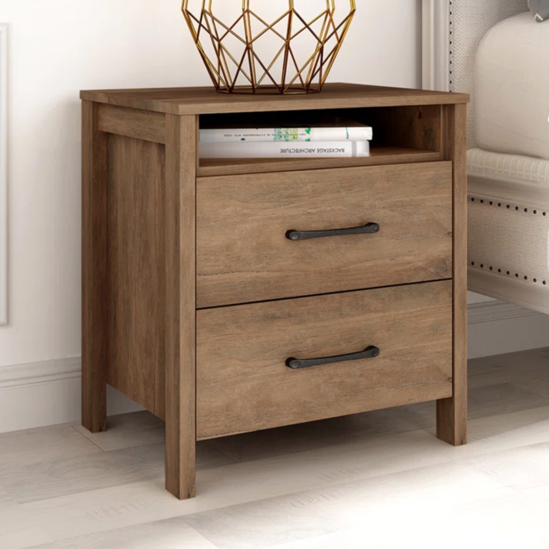 Nightstand Wood With Cubby Rustic Honey Brown Two Drawers Matte Hardware