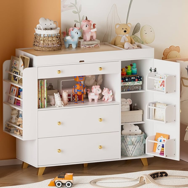 Nursery Dresser: Side Bookshelf, Door Storage, Gold Hardware, Modern.