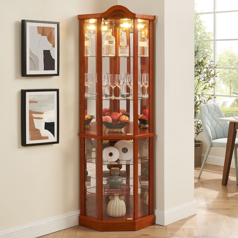 Oak Corner Curio Cabinet Octagonal Design with Interior Lighting