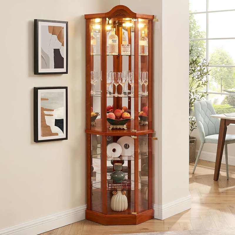 Oak Curio Cabinet with Curved Pediment and Integrated Lighting
