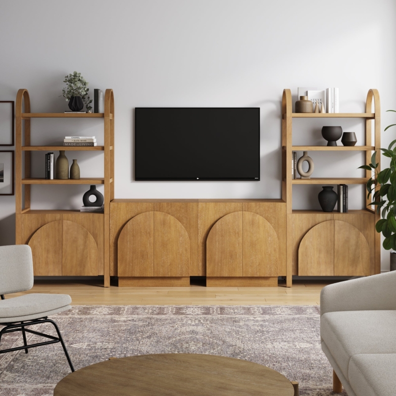Oak Entertainment Center with Arched Panels and Curved Tops