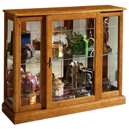 Oak Finish Display Case for Casual Living with Mirrored Back