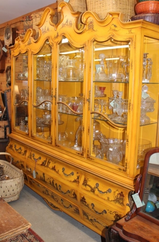 Ochre Yellow China Cabinet Chinoiserie Scalloped Top