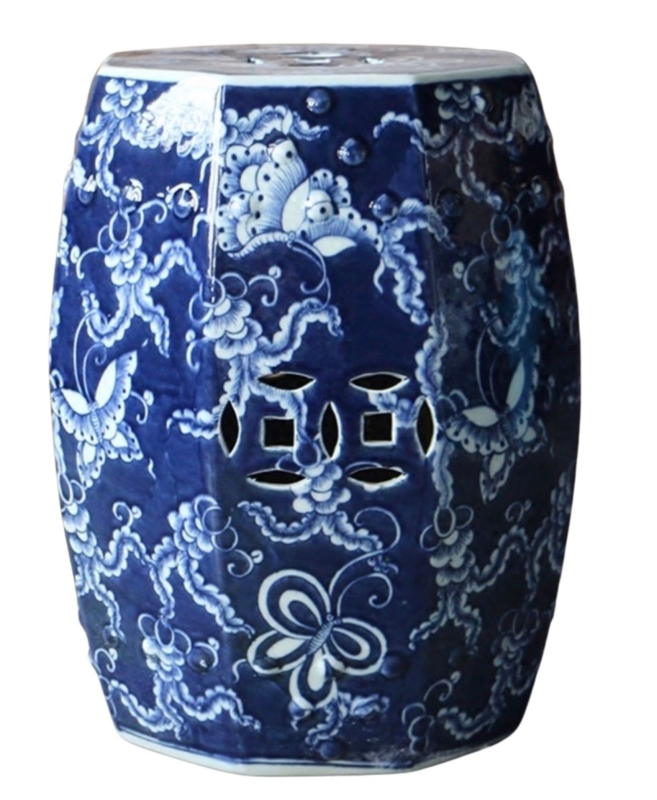 Octagonal Ceramic Stool with Blue Butterfly Motif