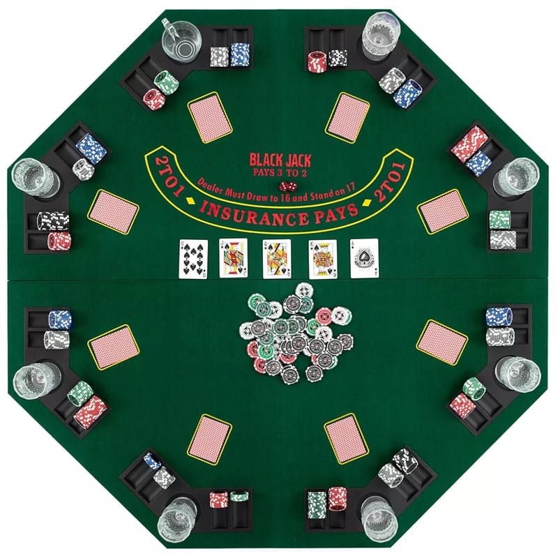 Octagonal Poker Table Top with Folding Center Seam and Chip Trays