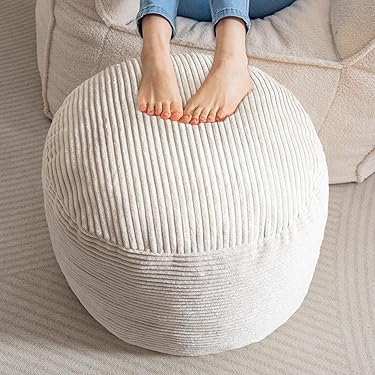 Off-White Floor Pouf Ottoman with Wide Wale Ribbed Corduroy Texture