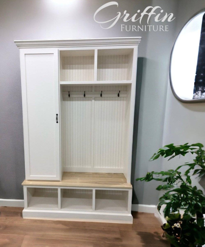 Off-White Hall Tree with Shaker Door Cabinet and Natural Wood Bench