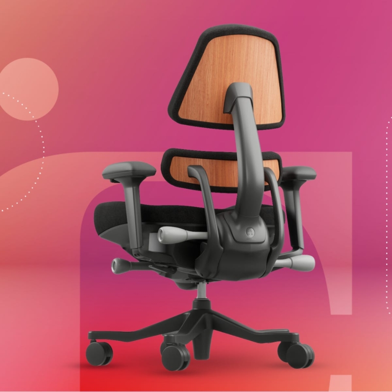 Office Chair Split Backrest Design with Wood Toned Panels and Spine