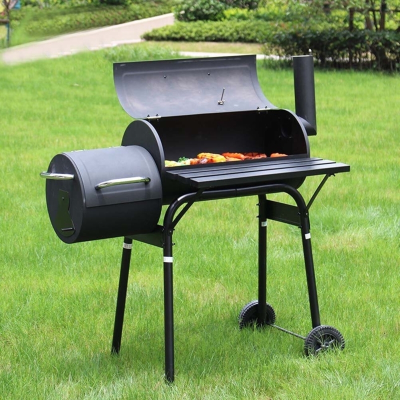 Offset Charcoal Smoker Grill Cast Iron Front Prep Shelf Side Chimney