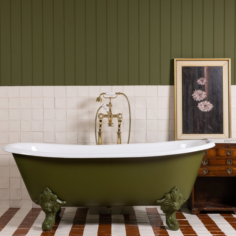 Olive Green Clawfoot Tub with Polished Brass Fixtures