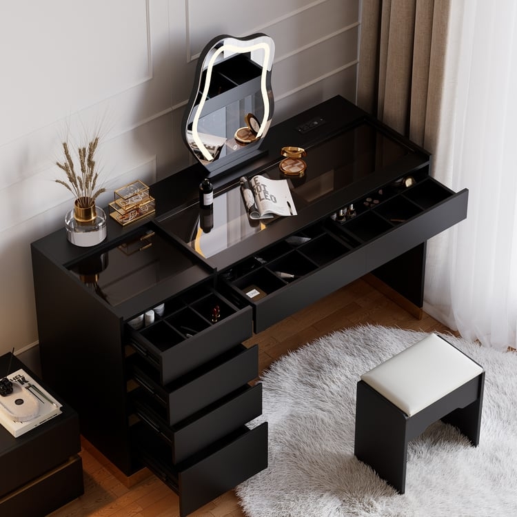 Organizing Vanity with Wavy LED Mirror & Glass Top Panels