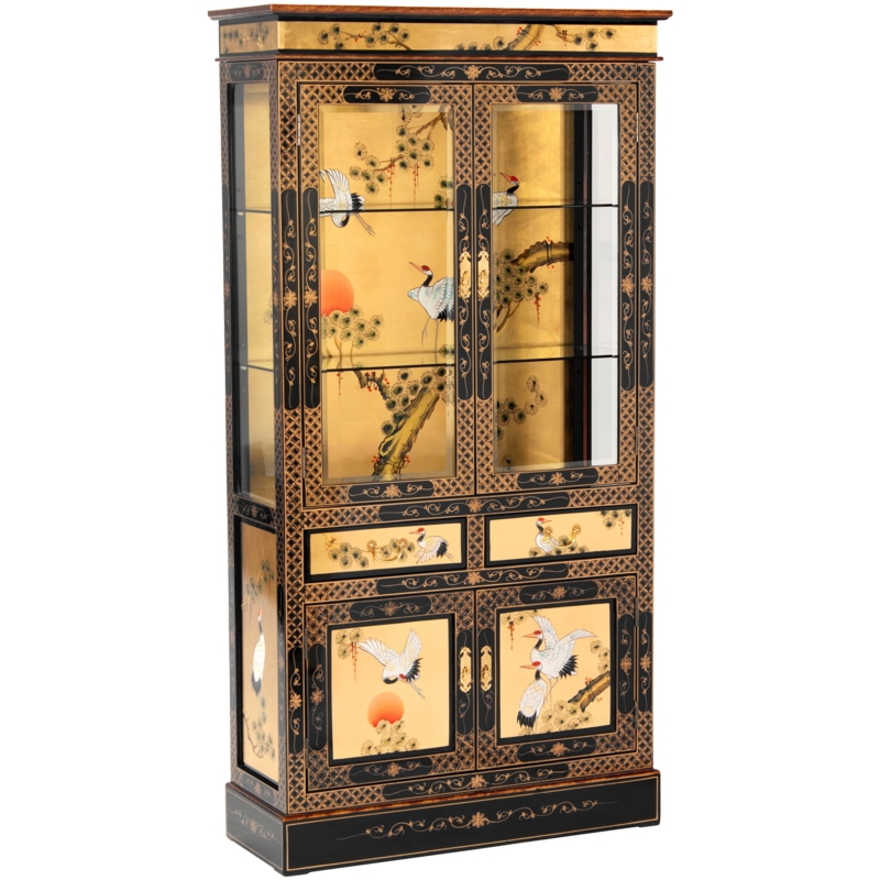 Oriental Curio Cabinet Gold Leaf Background with Crane Motif