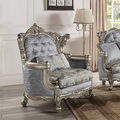 Ornate Accent Chair in Antique Bronze with Blue Tufted Damask