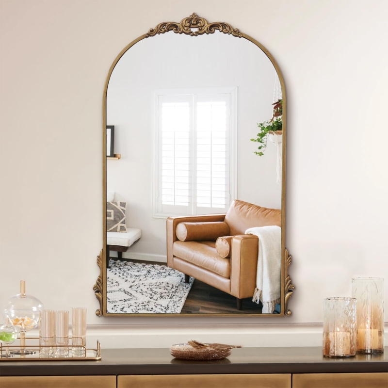 Ornate Arched Wall Mirror with Antique Gold Scroll Crest Accent