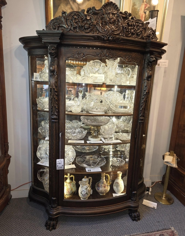 Ornate Curved China Cabinet Carved Lion Heads and Claw Feet