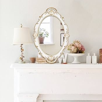 Ornate Filigree Oval Mirror with Antique White and Gold Accents
