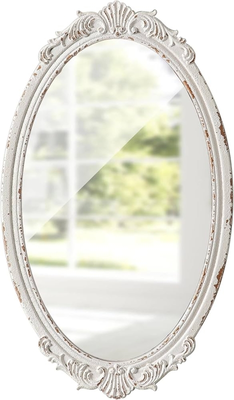 Ornate Oval Mirror with Shell Crest and Distressed White Finish