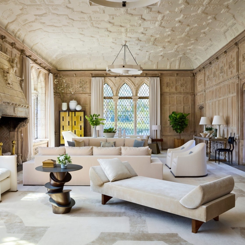 Ornate Plaster Ceiling Living Room Set Sculptural Metal Table