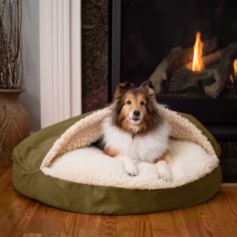 Orthopedic Dog Cave Bed in Olive Green with Sherpa Fleece Lining