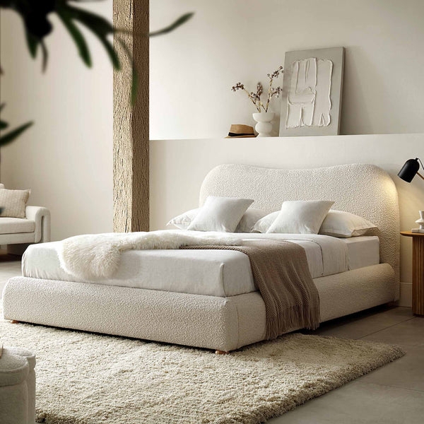 Ottoman Bed: Warm Beige Boucle Fabric with Organic Wave Silhouette