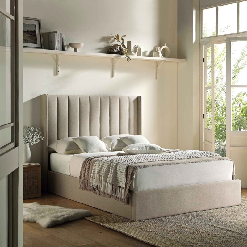 Ottoman Bed: Warm Stone Fabric with Wingback Vertical Channel Tufting
