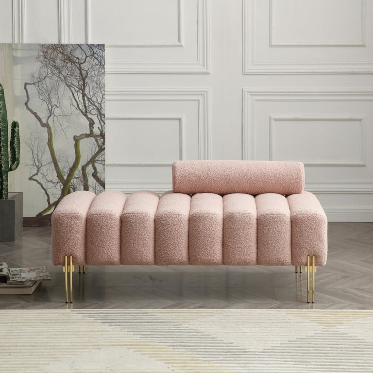 Ottoman Bench in Rose Pink Sherpa with Cylindrical Bolster