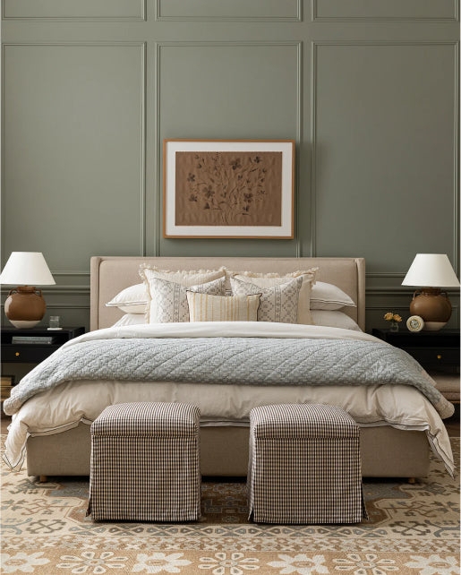 Ottoman Set: Pair of Square Ottomans with Brown Gingham Skirted Base