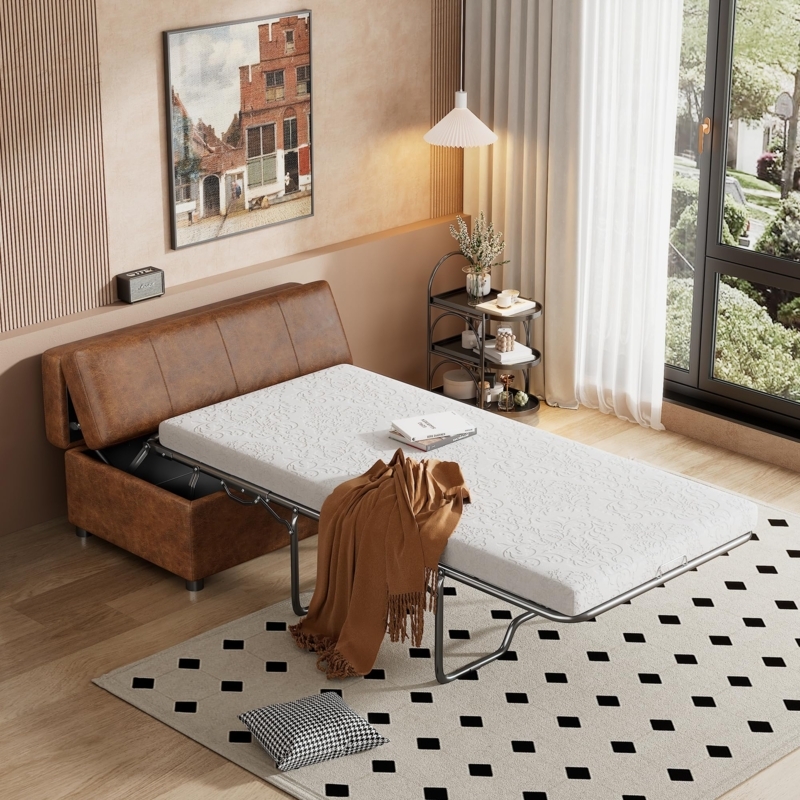 Ottoman Sleeper Bed: Cognac Leather-Like Folding Convertible Design