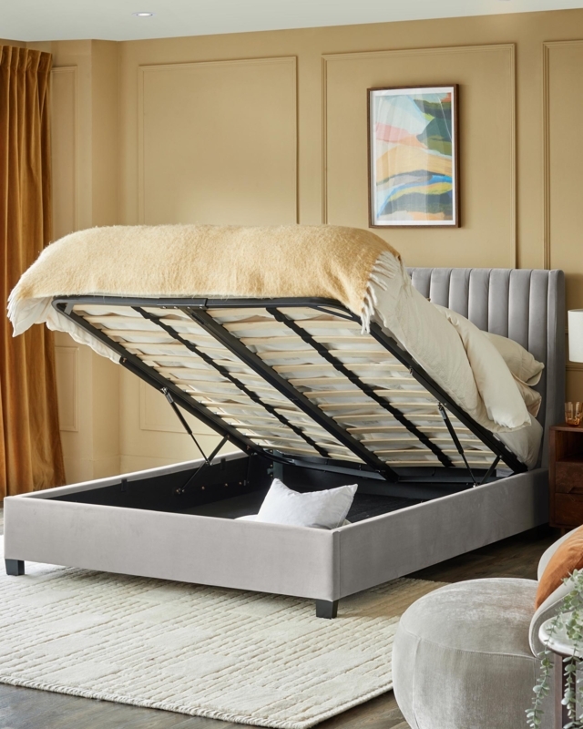 Ottoman Storage Bed: Light Grey Velvet with Channel Tufted Headboard