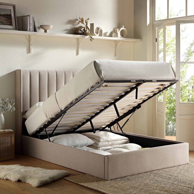 Ottoman Storage Bed: Warm Stone Fabric with Side Lift Mechanism