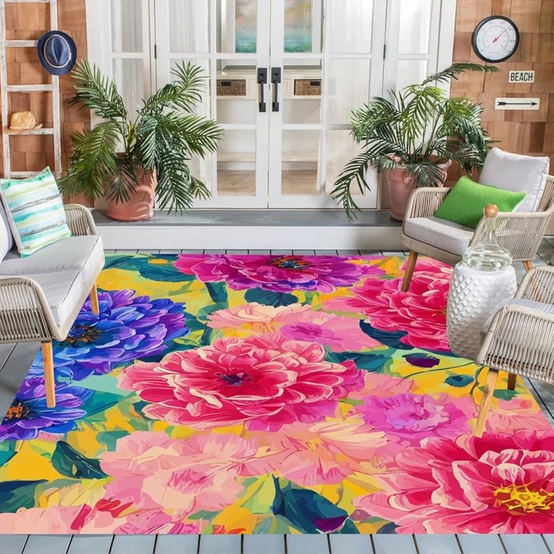 Outdoor Area Rug Maximalist Floral Magenta Pink Waterproof