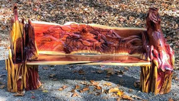 Outdoor Bench Carved Cedar Wildlife Motif Heron Fish Sculpture