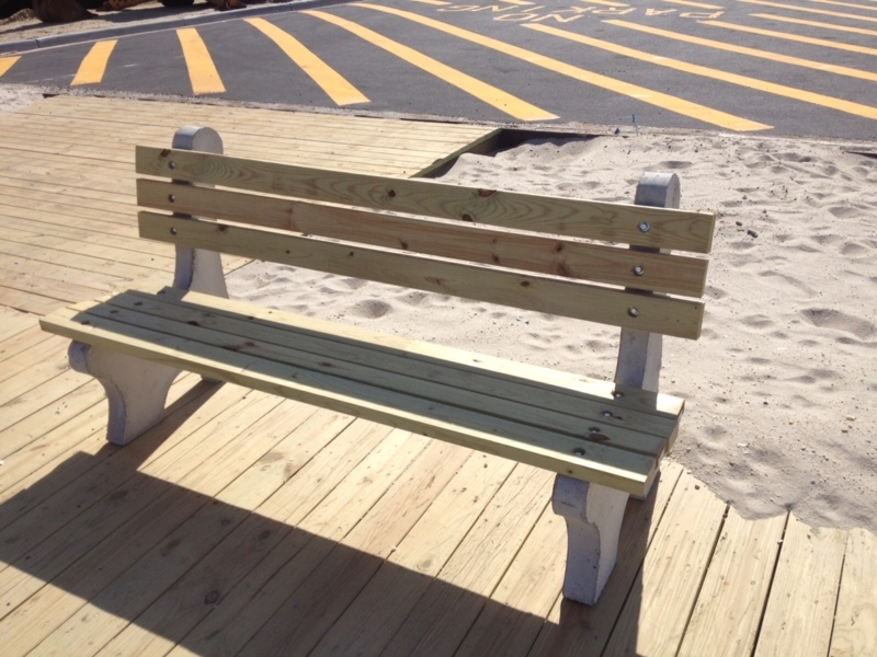 Outdoor Bench: Coastal Boardwalk Seating, Natural Wood and Concrete