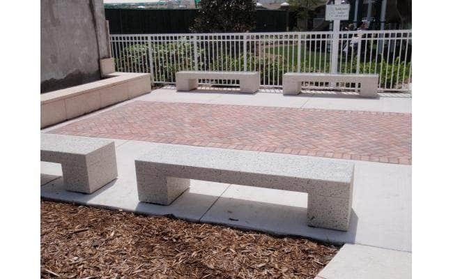 Outdoor Bench: Minimalist Outdoor Plaza Seating, Speckled White Concrete