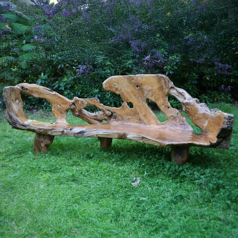 Outdoor Bench Organic Carved Live Edge Backrest Irregular Cutouts
